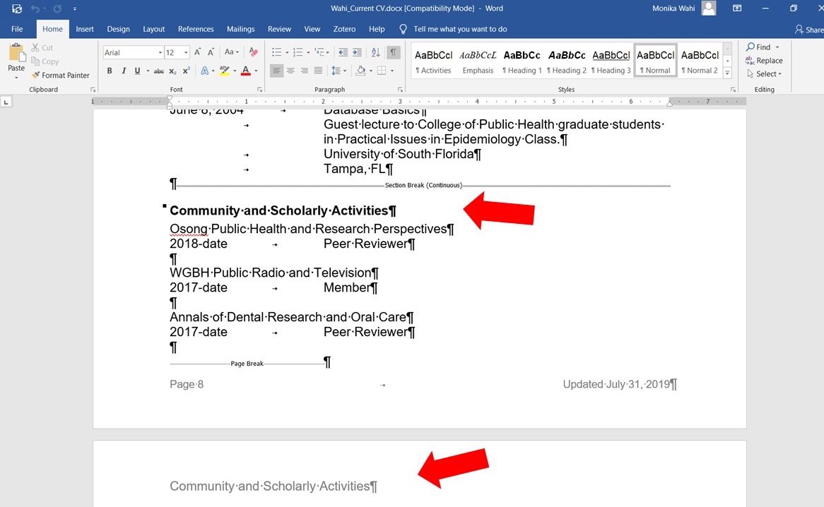 Example of CV using continuous section breaks and headers