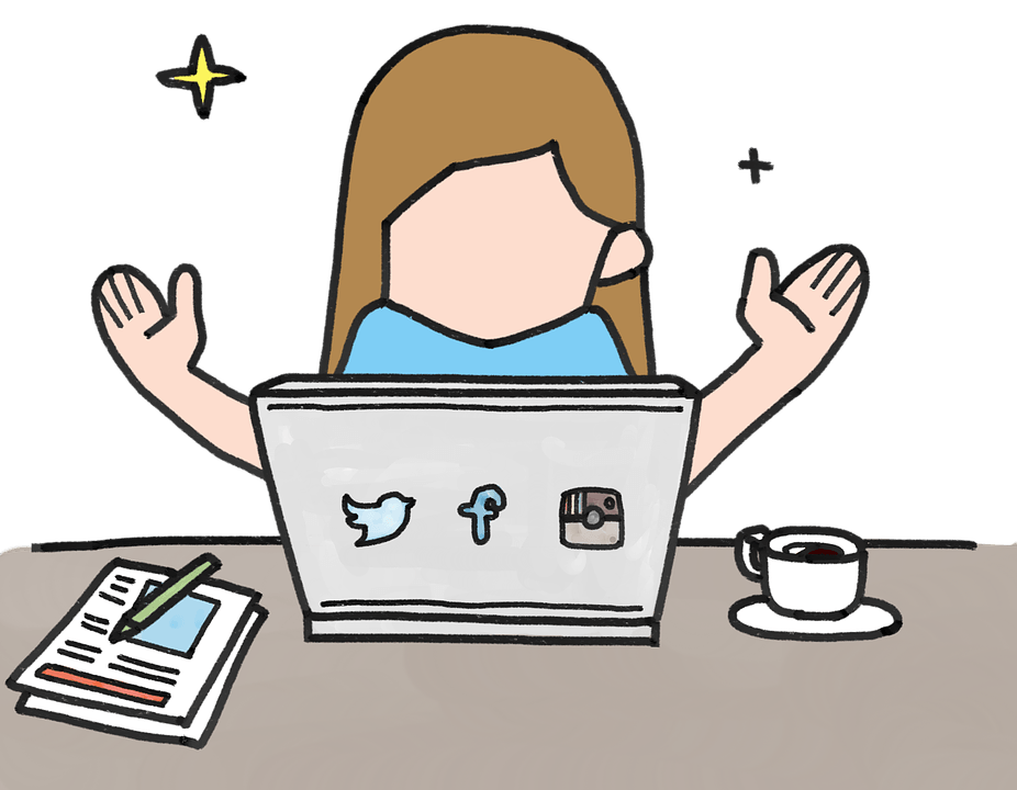 Woman is happy she is successful using social media on her laptop