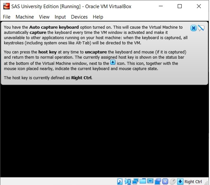 SAS free university edition Screen shot of dialogue box about keyboard capture on VirtualBox