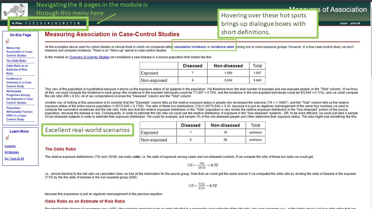 Annotated screen shot from Case Control Odds Ratio page from Boston Universitys MPH learning module