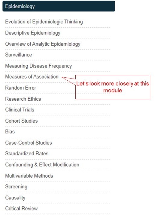 Menu of measures of association topic from Boston Universitys MPH learning module