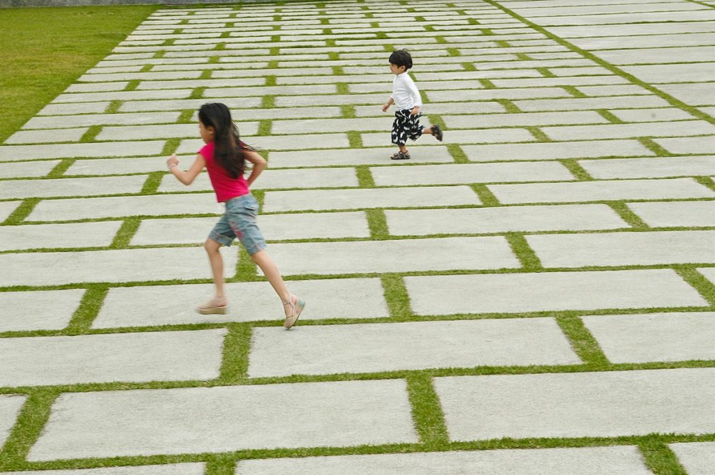 Chinese children playing in a grassy garden