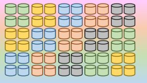 Many images of colorful database shapes on a rainbow background