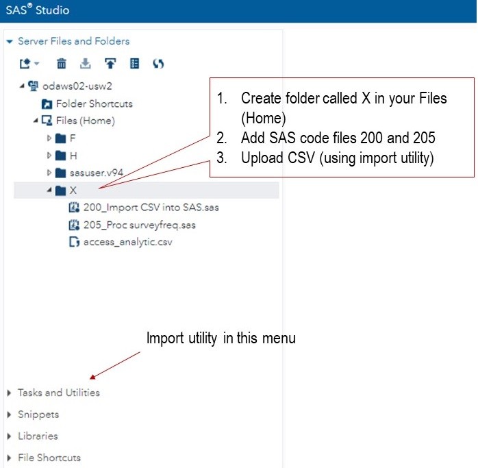 This graphic shows you where to put the files you upload into SAS ODA. You will need to create folders as directories and develop LIBNAMES to map the directory. You can use the upload utility to upload CSV data into the SAS ODA environment.