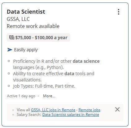 This is an example of a job from Indeed.com for a data scientist