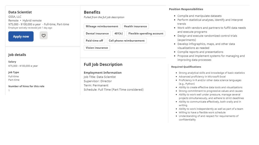 Here are more details about the data science job from GSSA, LLC. It explains what the requirements are of the role.