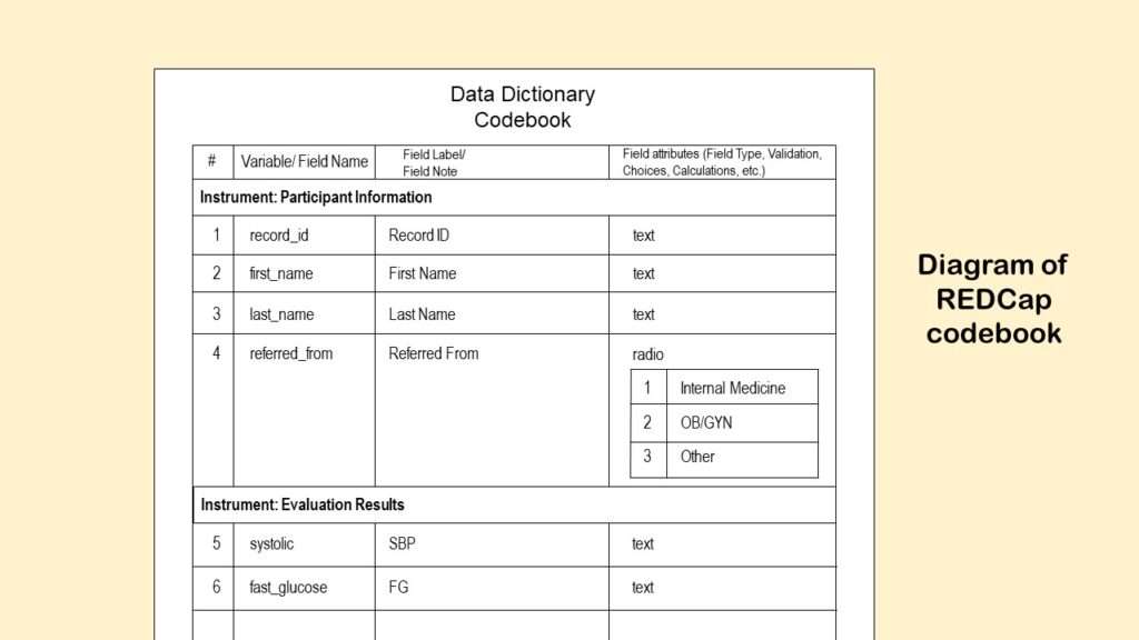 Here is an example of a codebook that is output from REDCap. Research teams often make codebooks, but they do not serve the same purpose as data dictionaries exactly.