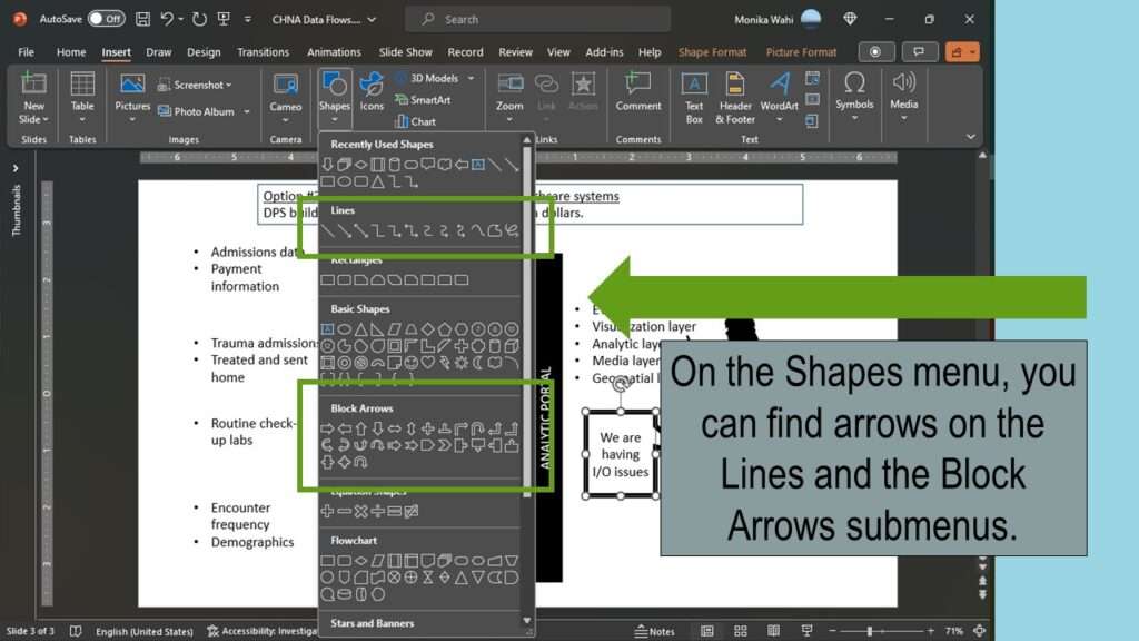 There are a lot of different arrows you can use in PowerPoint. You can use skinny ones or thick ones on which you can place text.