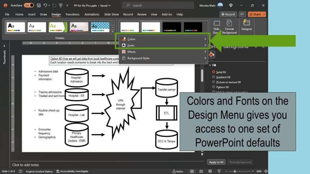 The design menu in PowerPoint gives you access to other menus you can use to set defaults, like the colors and fonts menus.