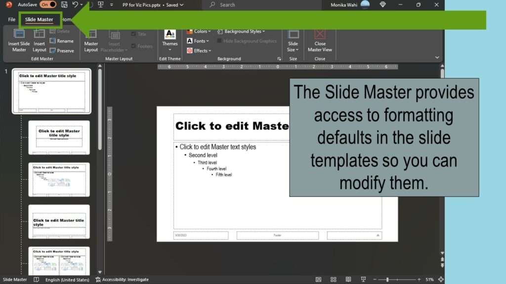 The slide master in PowerPoint provides you the opportunity to configure the default format of slides.