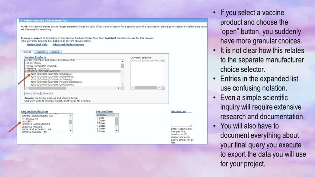 Once the vaccine menu is expanded, it is even more confusing how to set parameters.